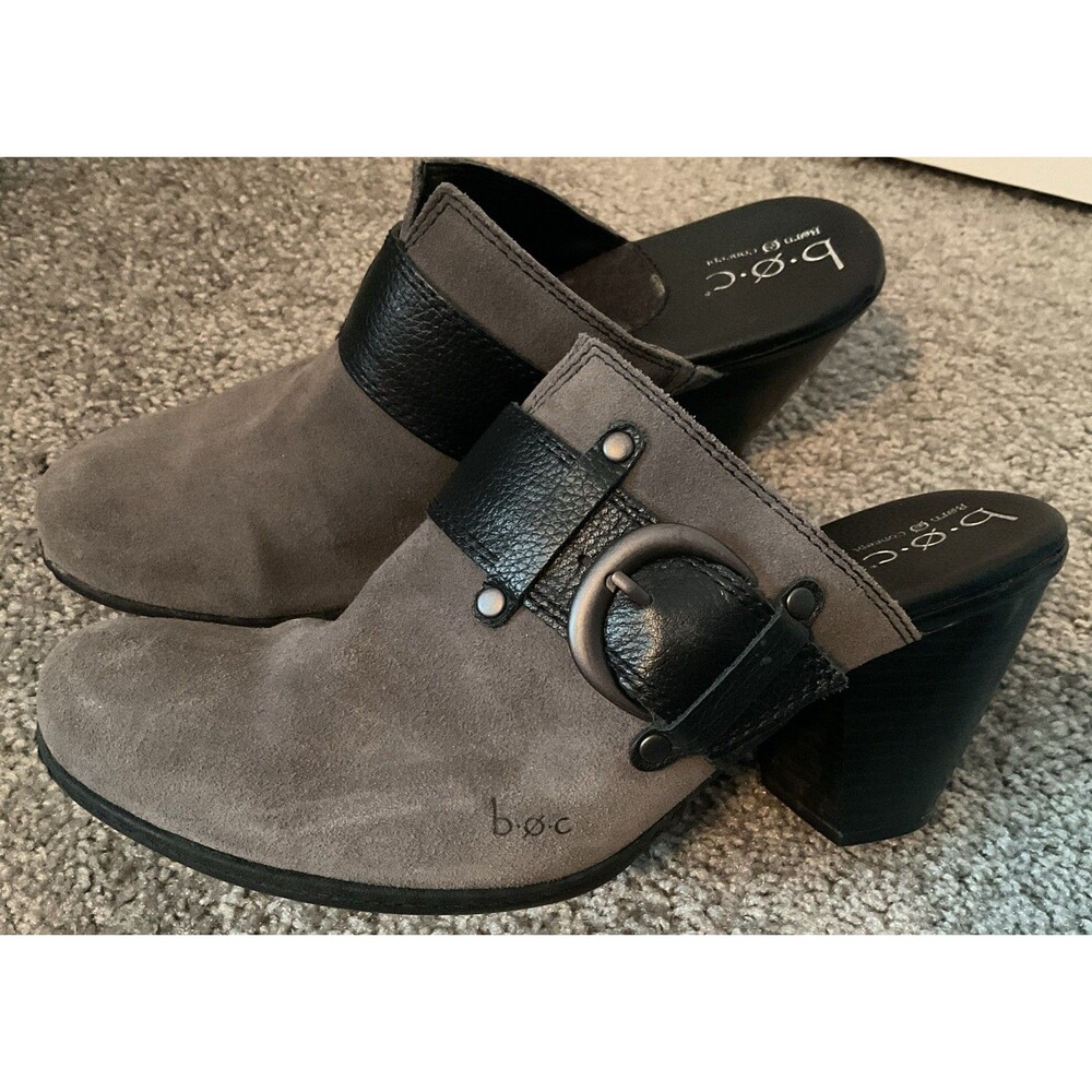 EUC Born B.o.c Y2K Buckle Gray Suede Slip On Heeled Clogs/Mules W/Buckle Size 9